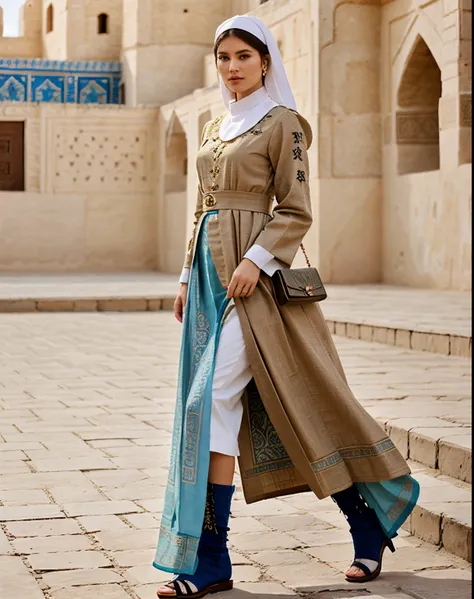 Elevate your style with a dress that combines the modernity of high fashion with the rich history of the Ark Fortress in Bukhara. Opt for a hyperrealistic rendering and choose a material adorned with traditional patterns or artistic drawings.