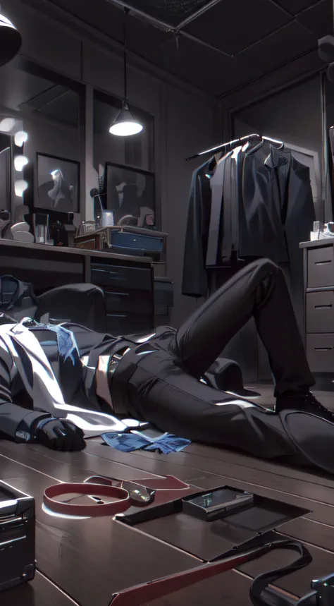 Create an Anime image portraying a chilling scene inside a dressing room. Show a renowned musician lying on the floor, with scarf as evident. Emphasize the musicians fame through subtle references to their iconic instruments or stage attire. Surround the s...