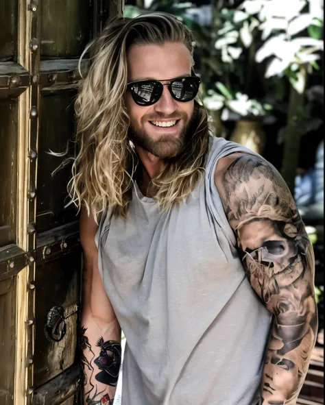 chiseled man with long hair and sunglasses standing in front of a door, estilo felix englund, felix englund, estilo de jesper ej...