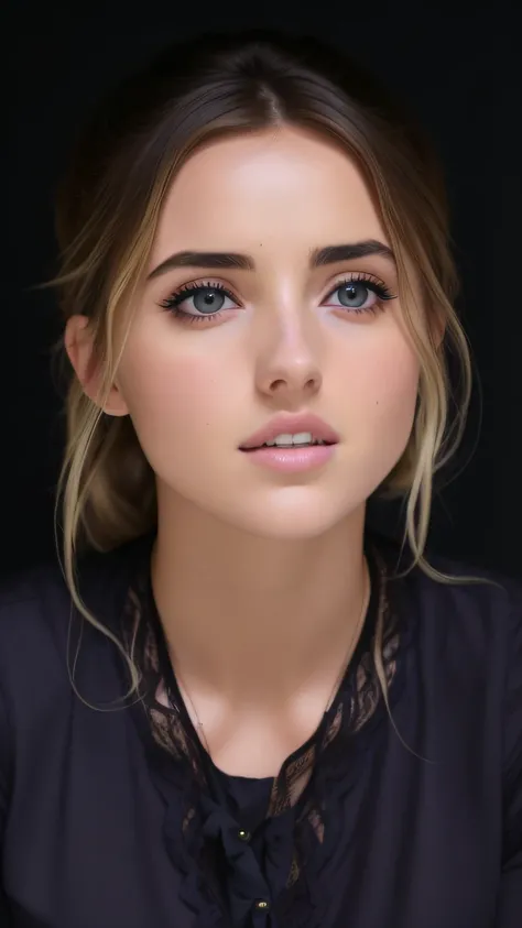 arafed image of a woman with a black shirt and a black background, ana de armas, ana de armas portrait, portrait of ana de armas, florence pugh, ana de armas as joan of arc, sydney sweeney, amber heard, portrait of florence pugh, most beautiful woman on ea...