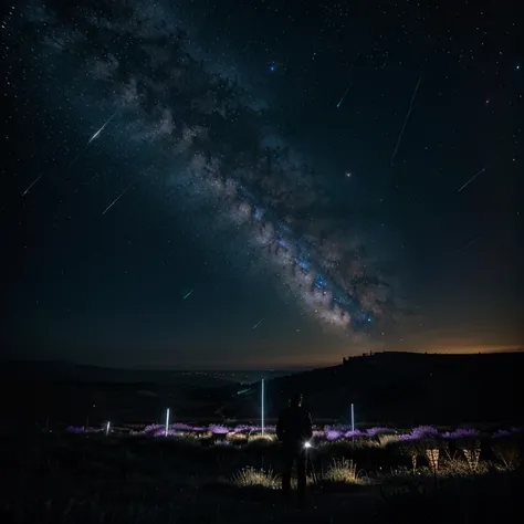 Démon dans un champs avec un ceel étoilé et galaxies visible