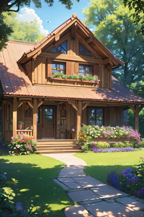 (Best quality,4K,8K,A high resolution,tmasterpiece:1.2),ultra - detailed,(actual,realistically,realisticlying:1.37),Luxurious house,flower garden,deck chair,doors,butterflys,Sunnyday,small village,at a forest,pixar-style,colours,lamplight