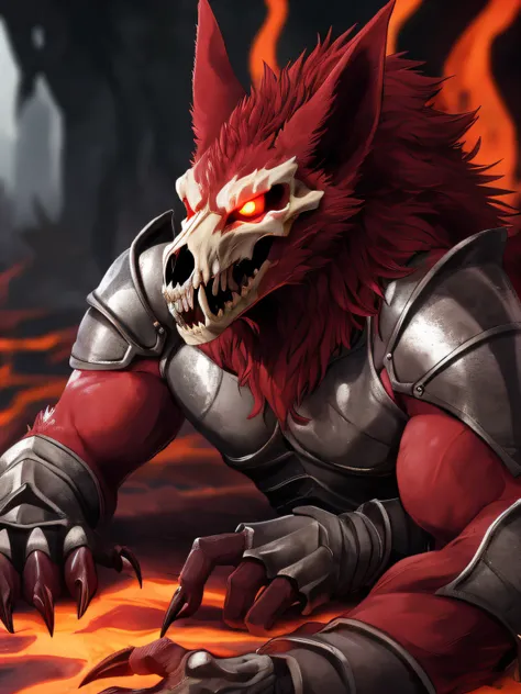 hi res, (Demon Skulldog), red fur, anthro, blurred background, male, muscular, muscular anthro, muscular male, tail, solo, detailed background, (kemono), glowing eyes, suggestive, Hell Demon Armour, Hell Background, closed mouth, grin, claws, lying down