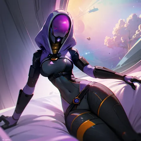 absurdres, highres, ultra detailed, 1quarian, tali, extremely detailed eyes, space, outer space, on a space station, purple-tinted visor, slender, beautiful hips