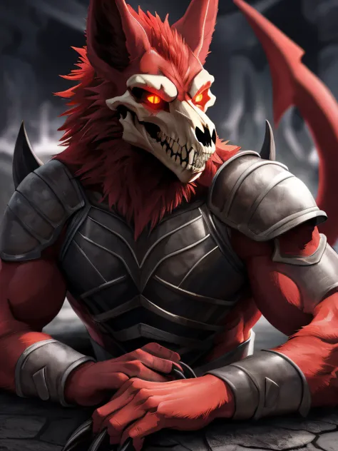 hi res, (Demon Skulldog), red fur, anthro, blurred background, male, muscular, muscular anthro, muscular male, tail, solo, detailed background, (kemono), glowing eyes, suggestive, Hell Demon Armour, Hell Background, closed mouth, grin, claws, lying down