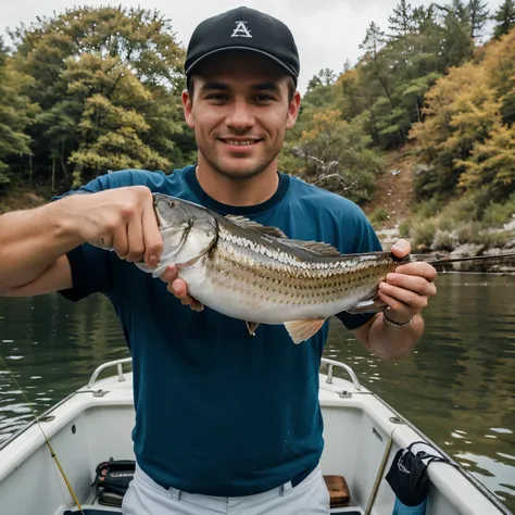 Capture the essence of sport fishing with a photograph featuring a young, handsome, and athletic man proudly displaying a freshly caught, good-sized fish. Ensure the image emphasizes the satisfaction on his face and showcases the context of the sport fishi...