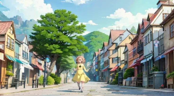 Anime girl in dress walking on cobblestone street, Today’s recommended anime  still, Screenshot of the animated movie, Popular isekai anime, in the anime film, Anime visuals of a cute girl, off-world, Colorful anime movie background, anime movie screenshot...