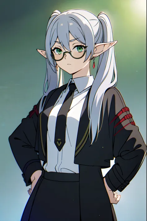 masterpiece, best quality, 8k, 1girl, solo, frieren, long hair, twintails, (green eyes:1.2), grey hair, pointy ears, elf, seriou...