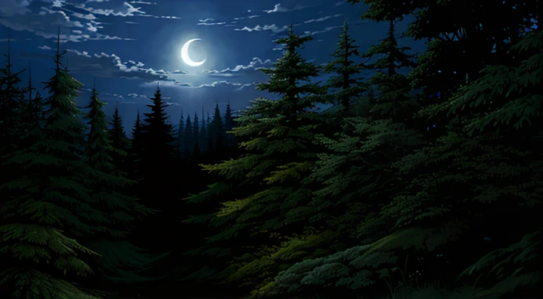 Night scene with full moon and crescent moon in the sky, Quiet forest night scene, forest and moon, moonlit forest, moonlit forest environment, night in the forest, Nocturnal forest, Night forest background, anime backgrounds, night time moonlight, anime l...