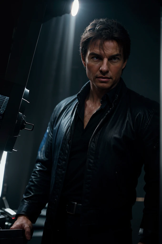 Portrait of an award-winning photo of Tom Cruise posing in a dark studio, (rim lighting,: 1.4) dual-tone lighting, foco nítido, Blue-oil hue, octanagem, irreal, mal iluminado, chave baixa,