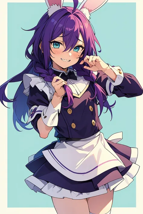 long hair, mole under mouth, purple hair, single braid, hair between eyes, aqua eyes, sharp teeth, ahoge, 1boy, blush, smile, co...