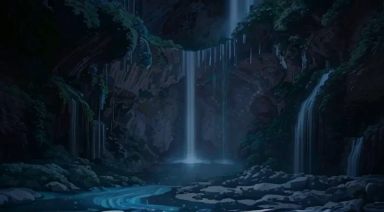 There  a waterfall flowing down the mountain, Waterfalls in the asteroid belt, waterfall in background, (waterfallr), The power of water makes water spin, Alien Falls, Waterfalls cascade down, waterfallr, waterfall in background, bioluminescent waterfall, ...