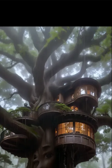 a close-up of a treehouse with a ladder leading up to it, cyberpunk tree house, tree house, tree house, bonsai tree house, in a tree house, pine treehouse, peaceful wooden mansion, Modern house made of tree, the battle for the treehouse, incrivelmente alto...