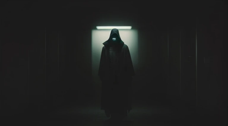 Image of a man standing in a dark room with lights on, Weird people silhouettes, weird person, Surreal hooded character, faceless people dark, Artyom Demula Pool, Masked man walking, Dark and weird characters, figure in dark cloak, in dim corridor, in dark...