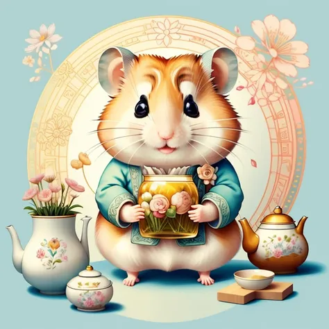 (cute hamster smiling with teapot and flowers), Munchkin ,Geometric multidimensional wall portrait, livro de arte, Tchibi,
Yang08k, Beautiful, Colouring,
Obras, of the highest quality, best quality, Arte Oficial, Beautiful and Aesthetic,