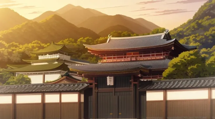 There  a photo of a building，The background  a mountain, beautiful anime scenes, Anime beautiful peaceful scene, Anime landscapes, beautiful anime scenery, in style of kyoto animation, Screenshots from the 2012 animation, Kuro anime screenshots, Makoto Shi...