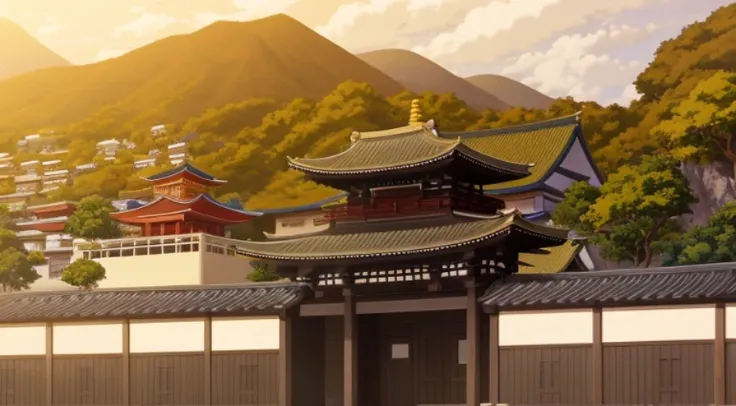 There  a photo of a building，The background  a mountain, beautiful anime scenes, Anime beautiful peaceful scene, Anime landscapes, beautiful anime scenery, in style of kyoto animation, Screenshots from the 2012 animation, Kuro anime screenshots, Makoto Shi...