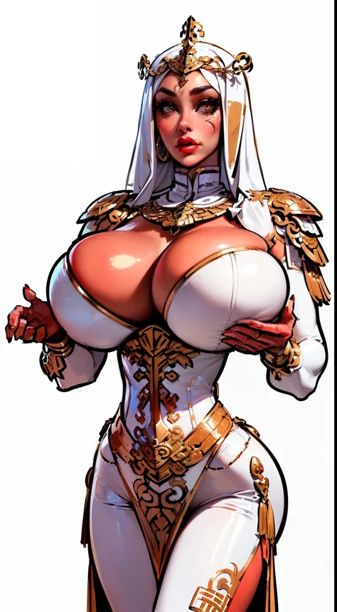 ((masterpiece)),(((best quality))),((character design sheet)), ((full body view)) ((futuristic empress, mature face, ((middle eastern eyes:1.4)), ((gold futuristic gown)), (((intricate futuristic breastplate))), defined cheekbones, high cheekbones, illustr...