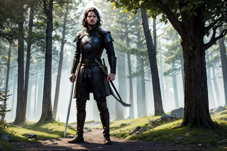 Jon Snow character from the HBO TV series Game of Thrones, male, ranger, holding golden sword, wearing dark leather, fantasy style, standing in a forest, perfect proportion, dungeons and dragons style, 8K picture quality, shimmer, delicate picture, full bo...