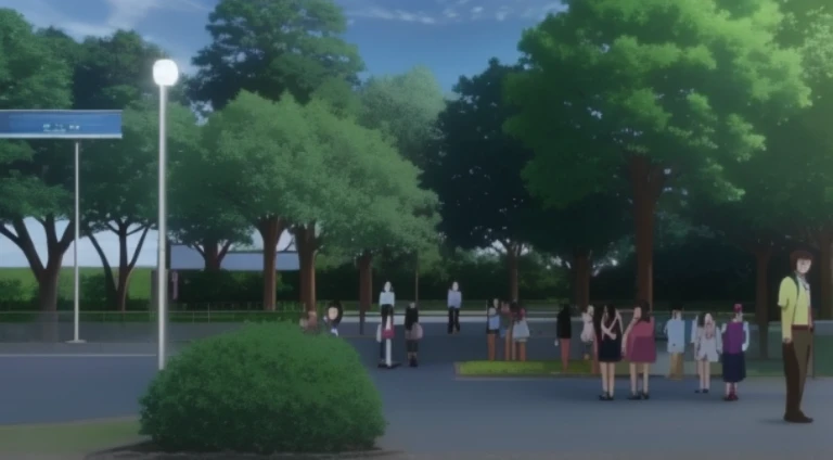 Animation scene of a group of people standing in the park, tokyo anime anime scene, anime scene, There are eight anime characters, kyoto animation still, Far and medium view, Still from TV animation, in style of kyoto animation, animation still frame, Scen...