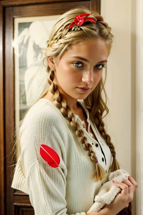 "Imagine a PORTRAIT of a friendly 27-year-old AmerICAN. She has short,neatly plaited and braided BLONDE hair, striking brown eyes. DRESSED PROFESSIONALLY" POSING AND HOLDING HER WHITE PET DOG."