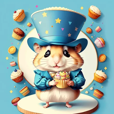 (cute hamster smiling with blue top hat holding a cupcake), Munchkin ,Geometric multidimensional wall portrait, livro de arte, Tchibi,
Yang08k, Beautiful, Colouring,
Obras, of the highest quality, best quality, Arte Oficial, Beautiful and Aesthetic,