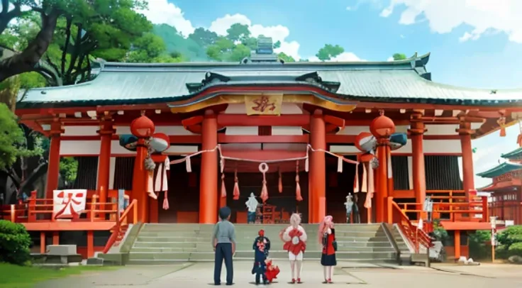 Animation scene of family standing in front of red building, in front of a temple, Inari Shrine, anime yulu camp, This shrine, shrines, anime scene, in front of temple, Near this shrine, Today’s recommended anime  still, Screenshot of the animated movie, h...