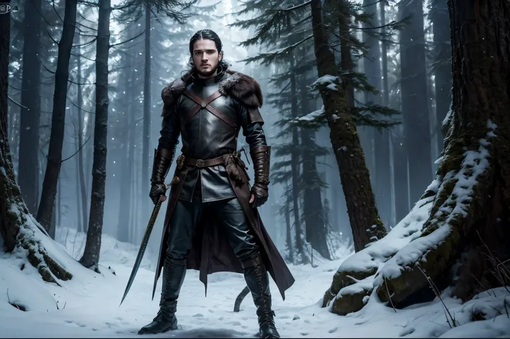 Jon Snow character from the HBO TV series Game of Thrones, male, ranger, holding golden sword, wearing dark leather, fantasy style, standing in a forest, perfect proportion, dungeons and dragons style, 8K picture quality, shimmer, delicate picture, full bo...