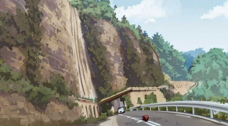 A car  driving along a winding road between two large walls, Initial D anime screenshots, initial d anime, Initial D anime 1 0 8 0 p, orange road jimagure, attack on titan scenery, anime scene, Anime landscapes, initiald, Anime landscapes, Anime countrysid...