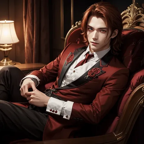 young male vampire, soft chestnut hair, bright red eyes, elegant clothing