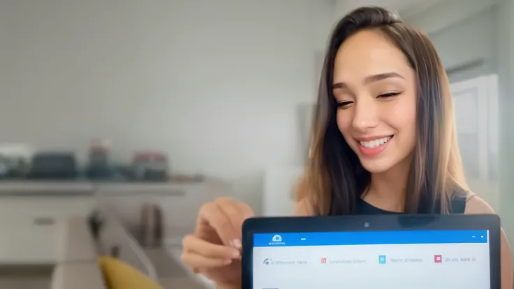 mulher segurando um laptop com um sorriso no rosto, Pokimane, imagem do avatar, belos arredores,  Video screenshot, em um fundo escuro, Directed by: Lena Alexander, imagem de perfil, foto da beleza gal gadot, Directed by: Juan OGorman, Directed by: Olivia ...