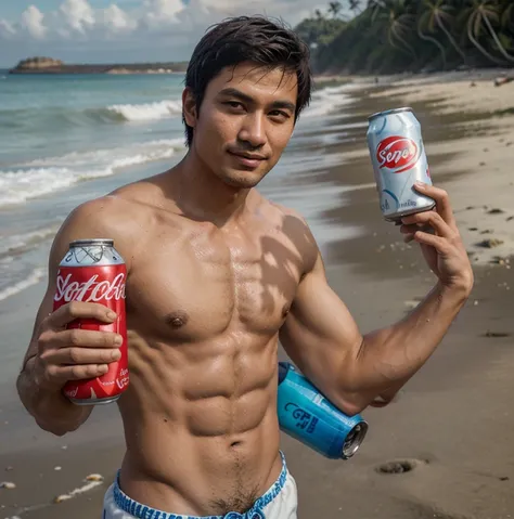 An Araf man holds a soda can on the beach., Natural Posture, holding a full bottle of potrait, Inspired by Liang Kai, Shirtless, asian man, #oc, # oc, tpose, topless, 2 pax, Kubo, At a tropical beach, [ Tightly defined ABS ]!!, Inspired by Tan Ting-pho