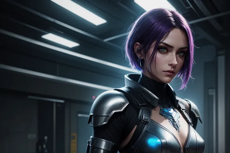 "Please create a UV Texture with the following characteristics: Representation of an entire glass, with a beautiful cyberpunk princess dressed in armor and short hair. The image must be hyper-realistic, with an extremely detailed face. The resolution of th...