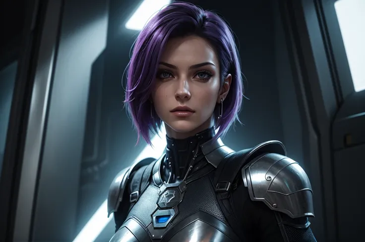 "Please create a UV Texture with the following characteristics: Representation of an entire glass, with a beautiful cyberpunk princess dressed in armor and short hair. The image must be hyper-realistic, with an extremely detailed face. The resolution of th...