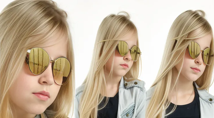 There are three photos of a BLONDE girl with sunglasses, futuristic glasses lenses, with sunglasses,