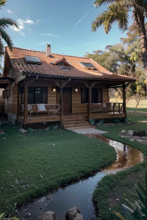 (melhor qualidade,4k,8k, alta resolução,masterpiece:1.2),Ultra - Detalhado,(Atual,realisticamente,realista:1.37) uma casa branca em um rancho ensolarado, luz do meio dia