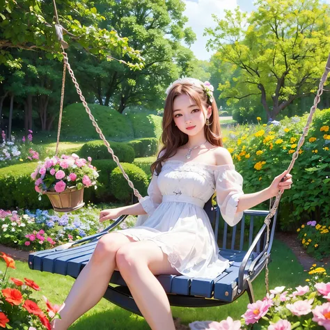 concept-art、❴Beautiful girl riding a swing in a flower garden❵、❴kawaii faces❵、Clear skin、Beautiful smile、A look that captivates viewers、(Fantastical）、Glamorous depiction、Accurate composition、Masterpiece、4K