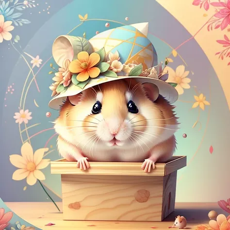 (cute hamster smiling with a flower hat in a beautiful box), Munchkin  ,Geometric multidimensional wall portrait, livro de arte, Tchibi,
Yang08k, Beautiful, Colouring,
Obras, of the highest quality, best quality, Arte Oficial, Beautiful and Aesthetic,