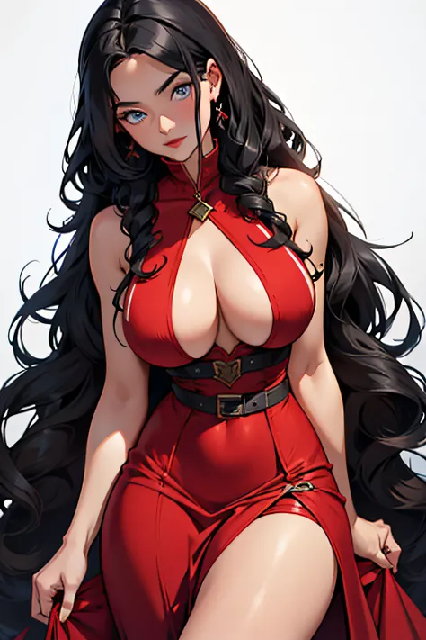 curly hair girl, black hair girl, long hair girl, red medieval dress girl, skimpy dress girl, big breast girl, blue eyes, red lips, shy face