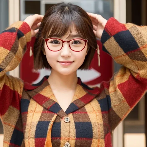 japanes、Beautuful Women、short-cut、eye glasses、Breast E Cup、Red and beige tartan check dress、