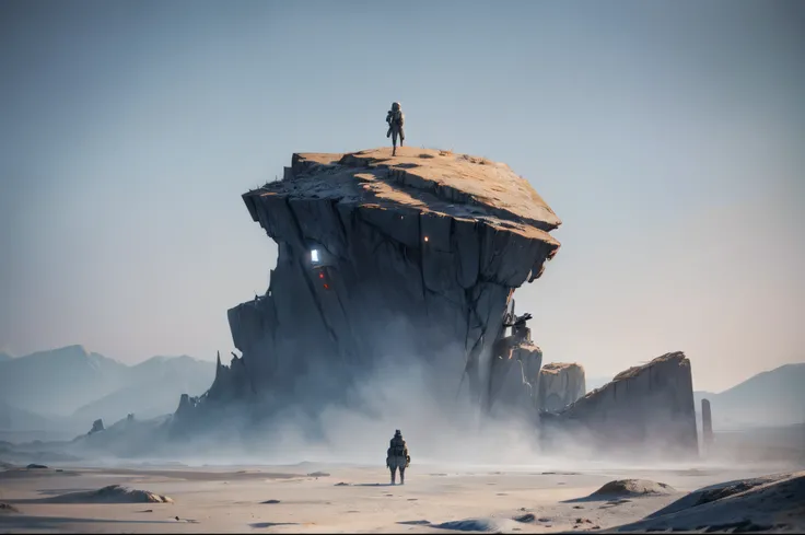 The Static Shot: Close up shot, In a barren and mute ashen world, a lone survivor communicates with the distant creatures using an futuristic devices, 8K, highly detailed