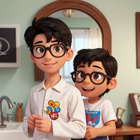 Young man with black hair and white reflection wearing round prescription glasses. Esta vestindo camisa branca social e sorrindo. Estilo Disney pixar