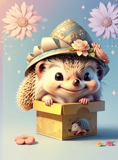 (cute hedgehog smiling with a flowers hat in a beautiful box), Munchkin  ,Geometric multidimensional wall portrait, livro de arte, Tchibi,
Yang08k, Beautiful, Colouring,
Obras, of the highest quality, best quality, Arte Oficial, Beautiful and Aesthetic,