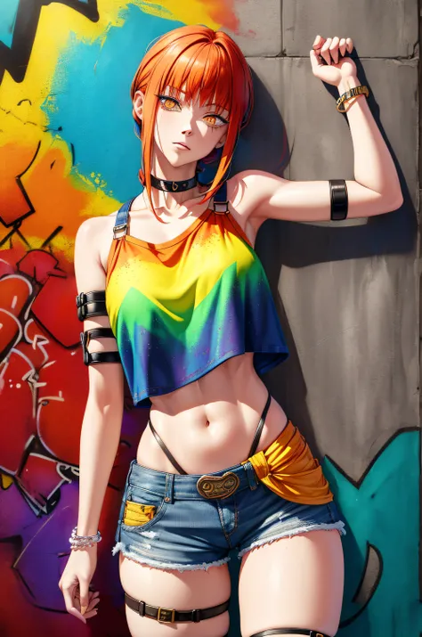 Masterpiece, Best Quality, 1girl, report, crop-top, jean shorts, Choker, (graffiti:1.aint splatter, (Hands Behind Your Back), Against a wall, looking a viewer, A bracelet, thigh strap, Paint on the body, tilt of head, bored, fiery hair color, Rainbow-color...