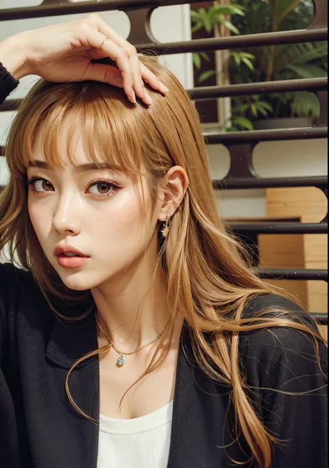 mulher arafada com cabelos longos encostada em uma cerca de metal, Lalisa Manobal, Dom Yunjoo, Lalisa Manoban do Blackpink, Retrato de Jossi de Blackpink, Heonhwa Choe, Portrait of female Korean idol, Lee Ji - Eun, Lee Ji-eun, Jaeyeon Nam, Chiho, com franj...