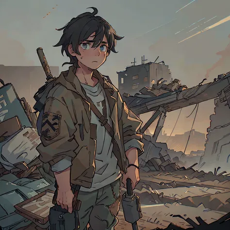 (best quality,highres), Young scavenger teenage boy in a Dystopian style, baggy clothes, detailed facial features, intense gaze, tousled hair, holding a walking stick, dragging a cart of supplies, rugged background, post-apocalyptic setting, dusty atmosphe...