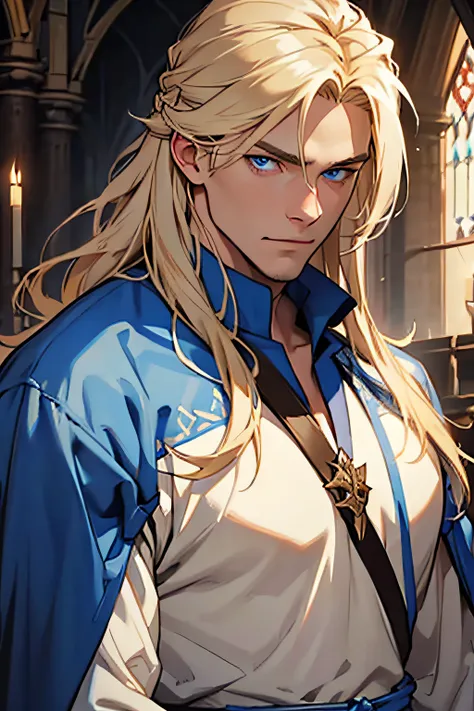 masculine and muscular man, blue eyes, ash blond hair, shoulder length long hair, blue medieval noble clothes,