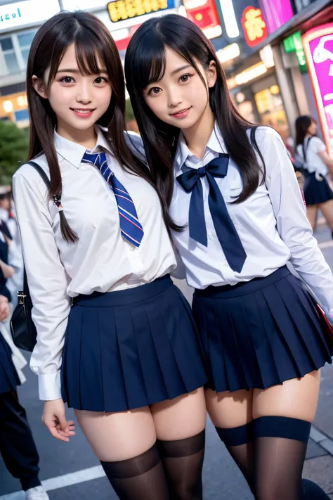 high-angle shot、center view、two arafe asian women in short skirts and bow ties standing on neon street in the middle of the nigh...