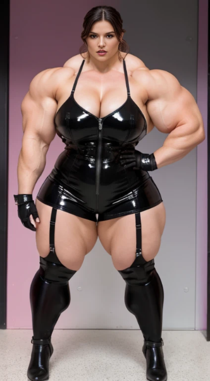 A large thick woman ,   wide hips, wide waist,  wide shoulders,  large torso ,  muscular biceps ,     Generate a full length fashion portrait of an overweight fat gina carano. , huge muscular pecs,  wearing a pink tight pvc dress,  black opaque stockings ,...