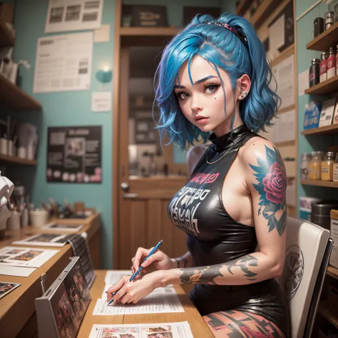 cartoon tattoo shop, girl with blue hair tattooing in the background,ultra hd --auto --s2